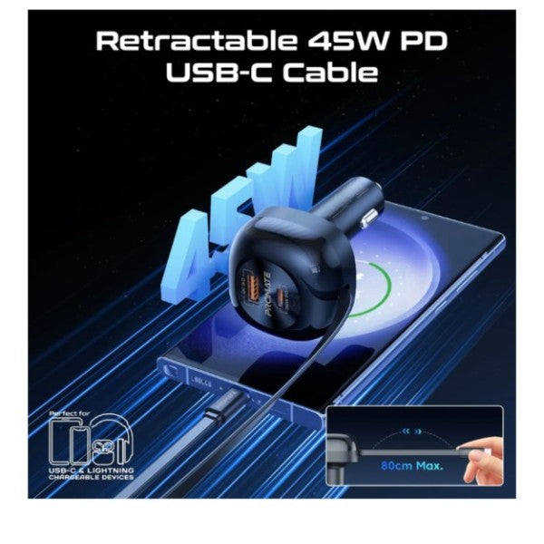 62W Multi-Port Car Charger with Retractable USB-C Cable