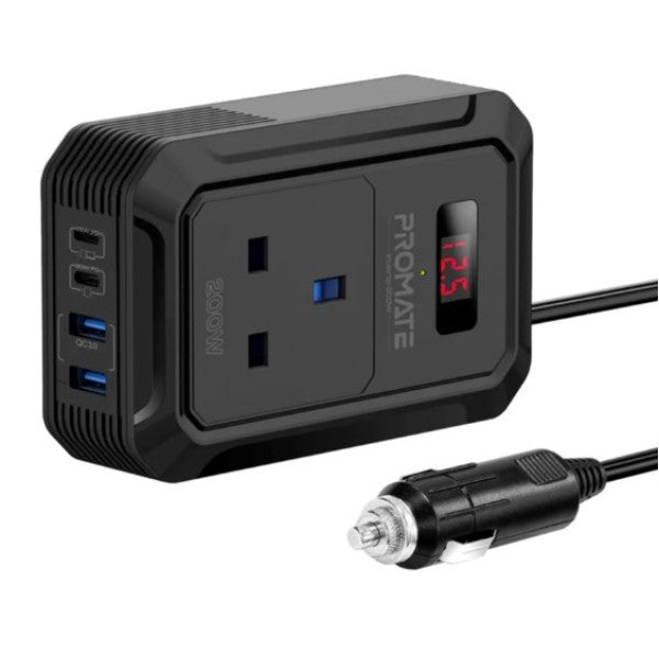 Promate Multi-Port DC to AC Power Inverter with 200W AC Socket - Inverto-200W
