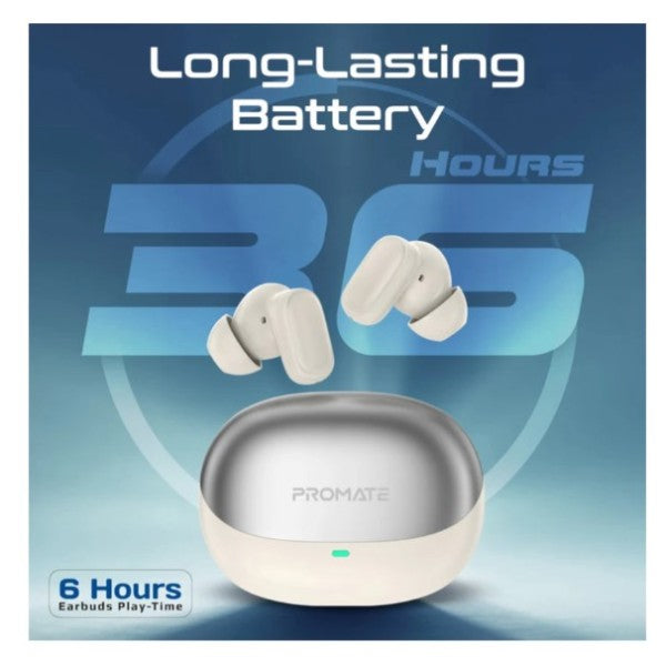 Promate High-Definition Lush-Pro TWS Earbuds with Intellitouch, White