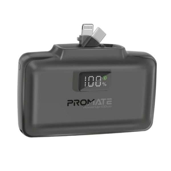 باور بانك بروميت بسعة 10000 مللي أمبير، فائق الصغر، سريع الشحن، مزود بموصل USB-C مزدوج قابل للطي وموصل Lightning، موديل POWERUP-10DUO - أسود