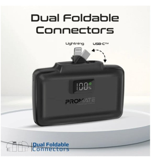 باور بانك بروميت بسعة 10000 مللي أمبير، فائق الصغر، سريع الشحن، مزود بموصل USB-C مزدوج قابل للطي وموصل Lightning، موديل POWERUP-10DUO - أسود