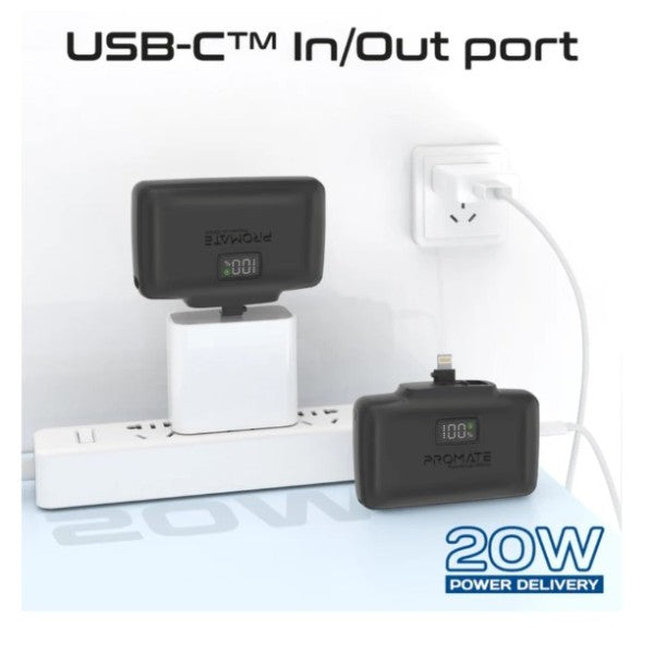 باور بانك بروميت بسعة 10000 مللي أمبير، فائق الصغر، سريع الشحن، مزود بموصل USB-C مزدوج قابل للطي وموصل Lightning، موديل POWERUP-10DUO - أسود