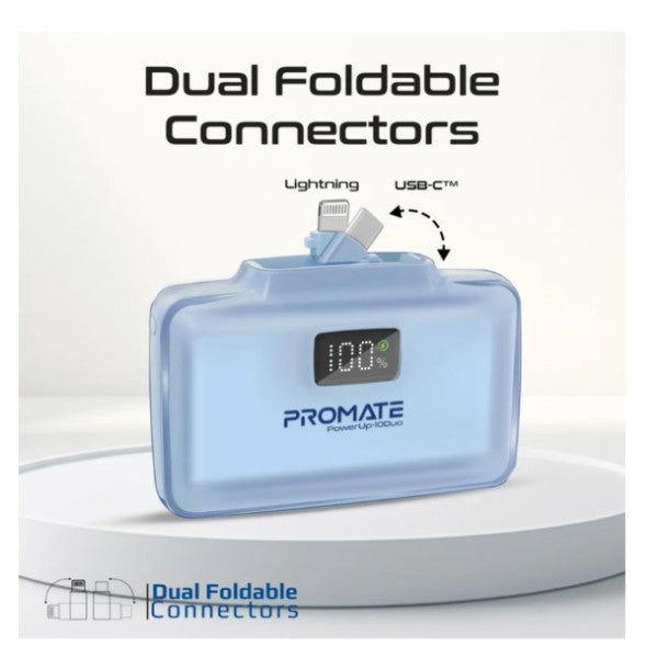 باور بانك بروميت بسعة 10000 مللي أمبير، فائق الصغر، سريع الشحن، مزود بموصل USB-C مزدوج قابل للطي وموصل Lightning، POWERUP-10DUO - أزرق