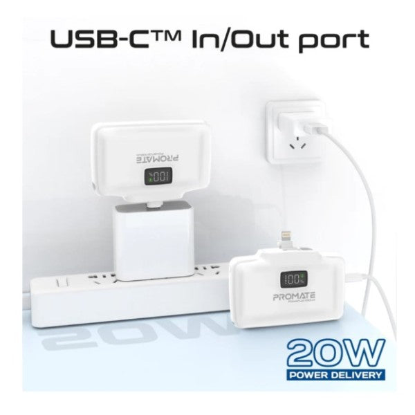 باور بانك بروميت بسعة 10000 مللي أمبير، فائق الصغر، سريع الشحن، مزود بموصل USB-C مزدوج قابل للطي وموصل Lightning، POWERUP-10DUO - أبيض
