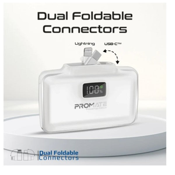 باور بانك بروميت بسعة 10000 مللي أمبير، فائق الصغر، سريع الشحن، مزود بموصل USB-C مزدوج قابل للطي وموصل Lightning، POWERUP-10DUO - أبيض