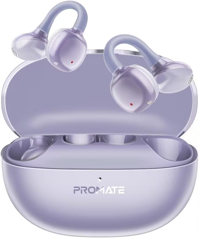 Promate AirClip-Pro True Wireless Earbuds, Open-Ear Design, Bluetooth 6.0, 12mm Drivers, IPX4 Sweat Resistant, 28H Battery Life (Purple)