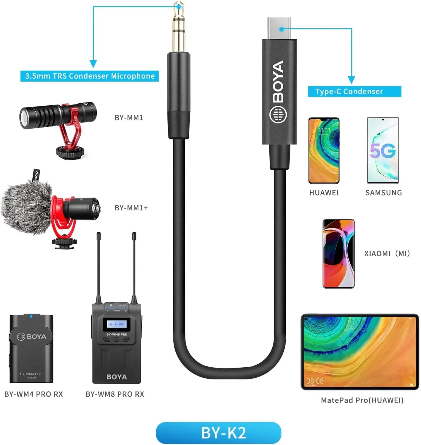 محول صوت Boya BY-K2 TRS (ذكر) مقاس 3.5 مم إلى Type-C (ذكر)