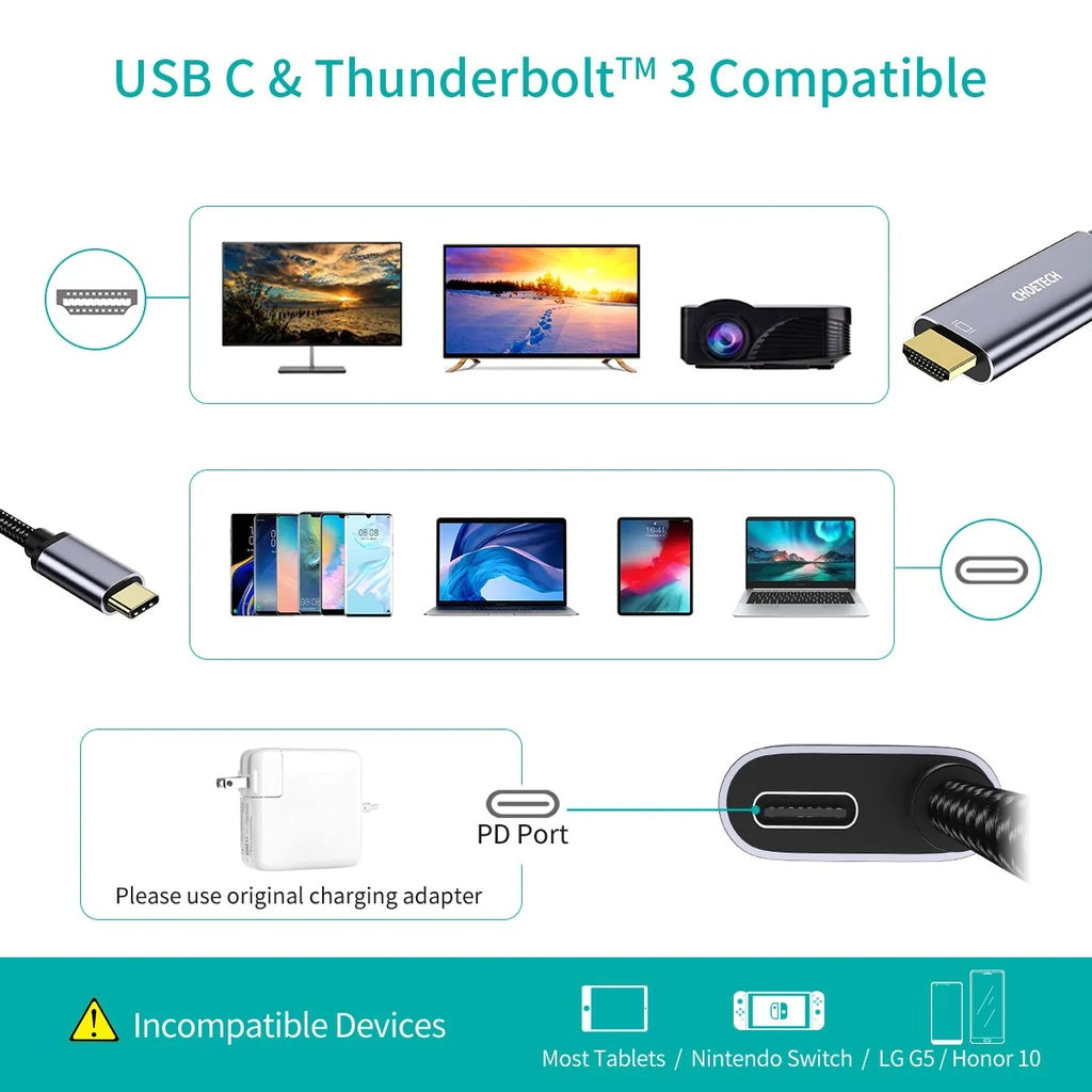 Choetech  USB-C to HDMI Cable with PD Charging XCH-M180GY