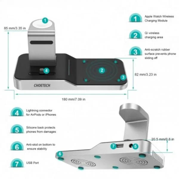 Choetech 4 in 1 MFI Wireless Charging Dock T316-UK – Silver