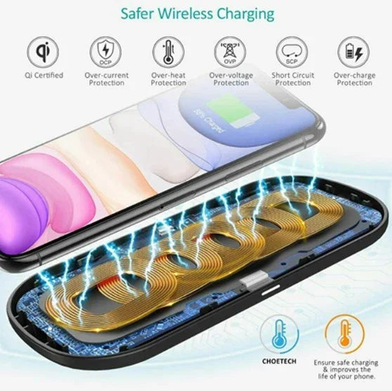 شاحن لاسلكي مزدوج سريع من Choetech T535-S بخمسة ملفات - أسود