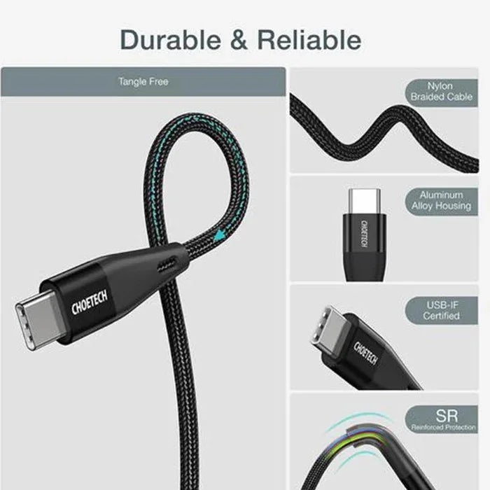 كابل Choetech USB-C إلى USB-C PD 60 واط بطول 1.2 متر - أسود XCC-1003 