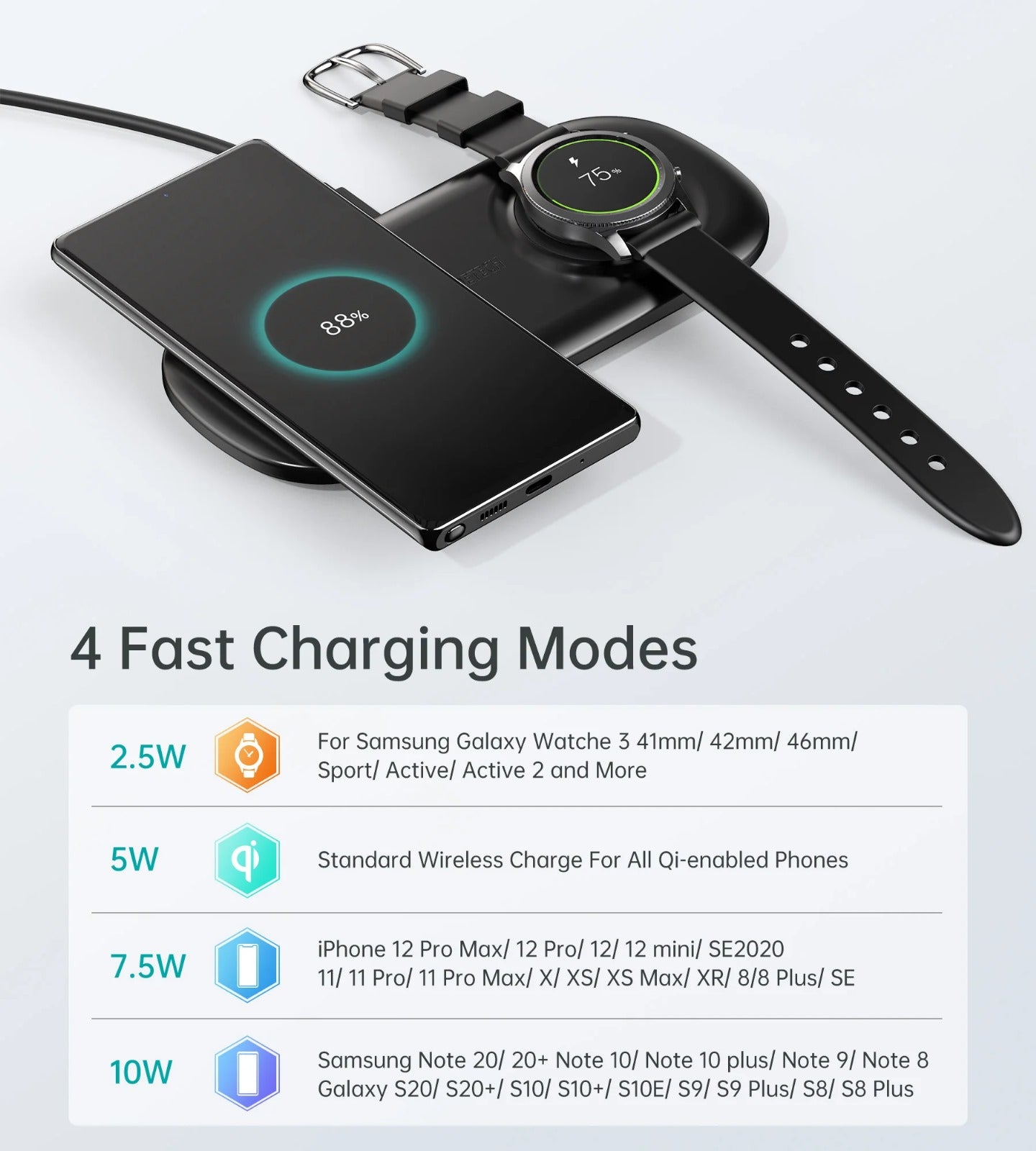 Choetech 2 in 1 Wireless Charger, 10W Max Wireless Charging Pad with Adapter for Galaxy Watch - T570