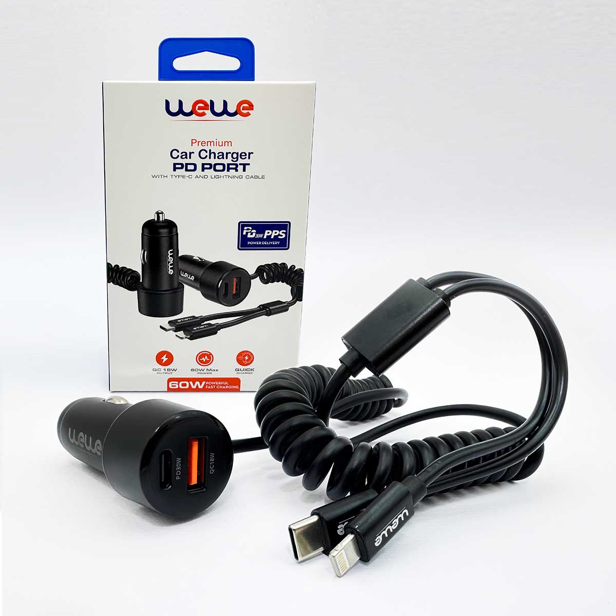 wewe premium car charger pd port with type -c and lightning cable - cv-006