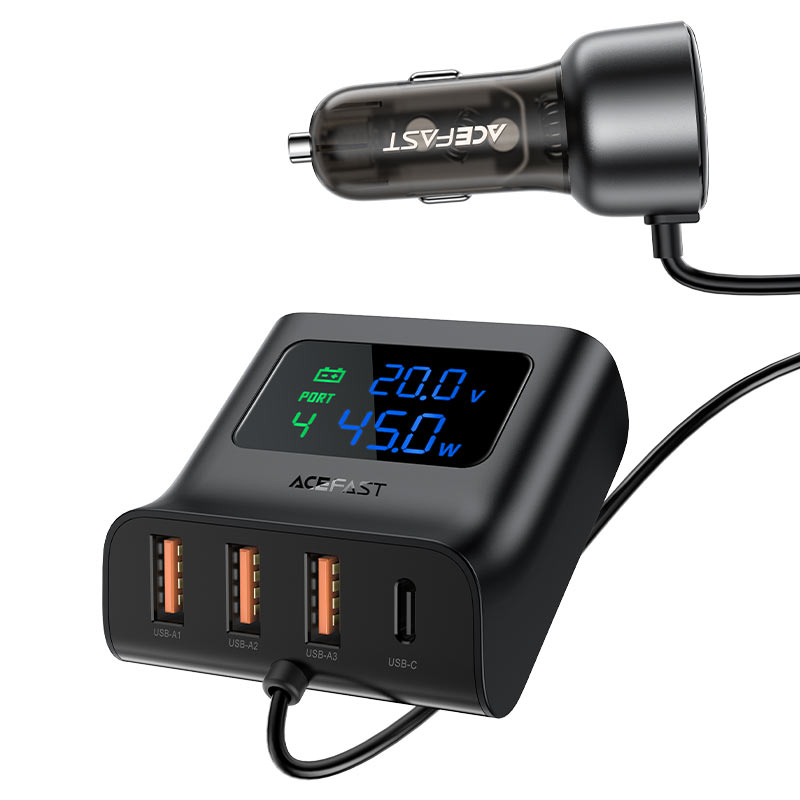 AceFast | 15877 | B11 | 138W Car Charger Splitter With Digital Display | Black