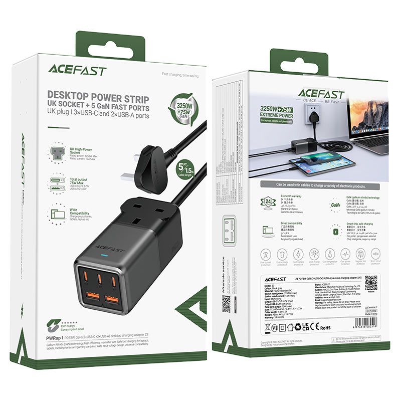 Acefast  Fast Charge Power Strip Z3 PD75W GaN (3xUSB-C+2xUSB-A) UK