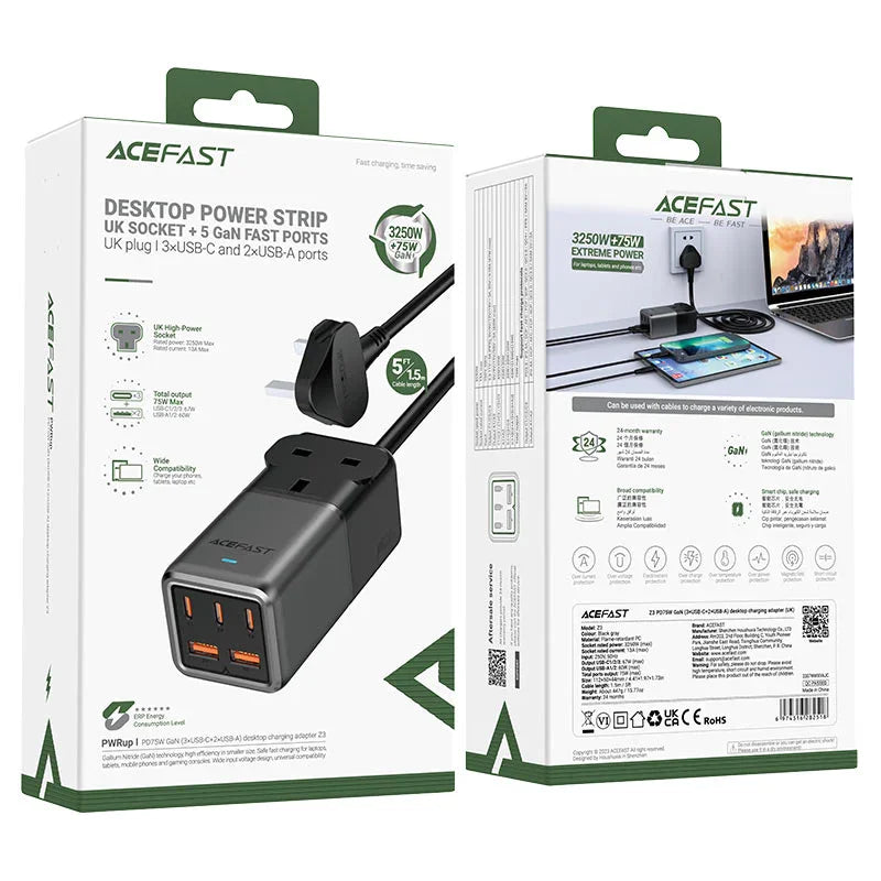 شريط الطاقة Acefast Fast Charge Z3 PD75W GaN (3xUSB-C+2xUSB-A) المملكة المتحدة