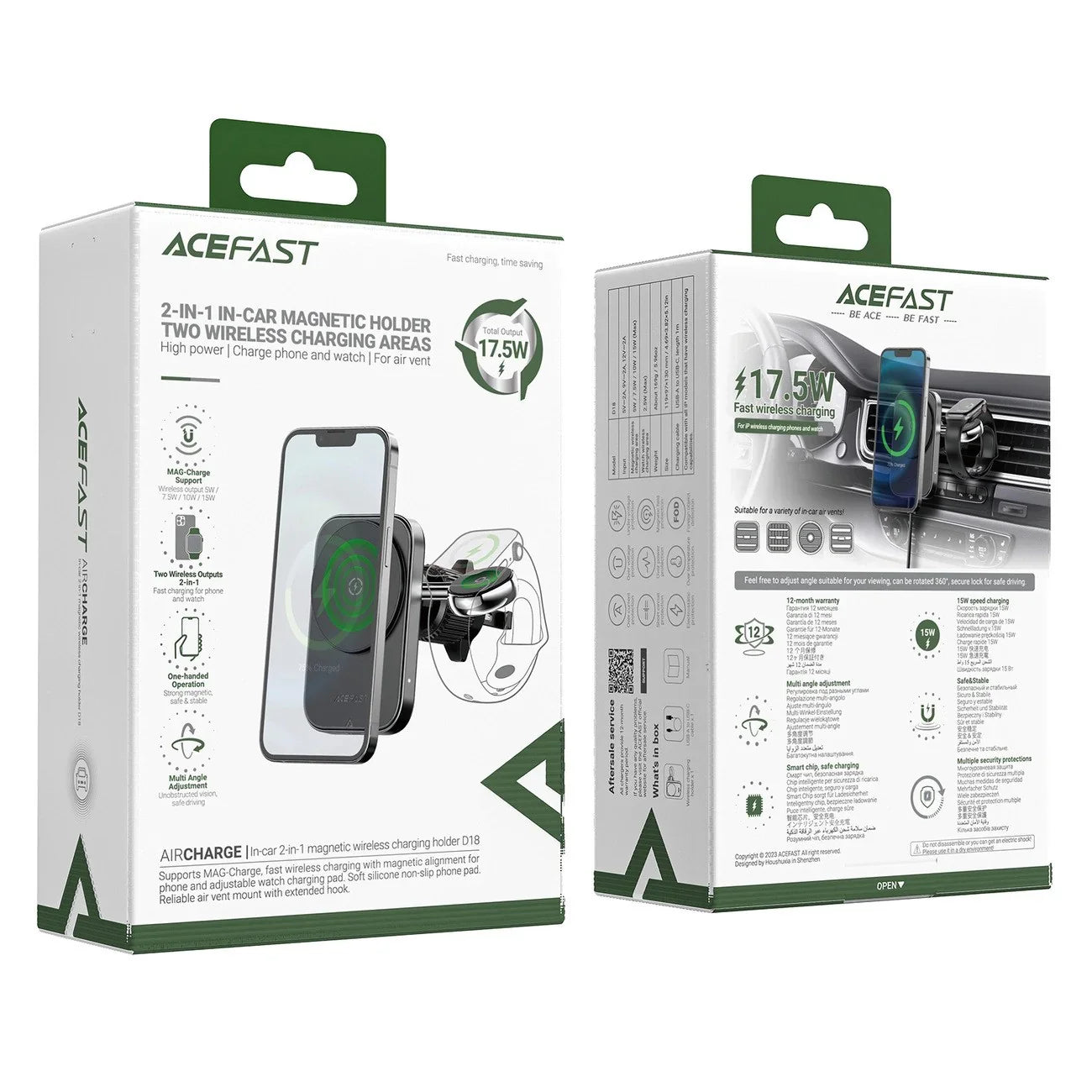 AceFast D18 in-car 2-in-1 magnetic wireless charging holder