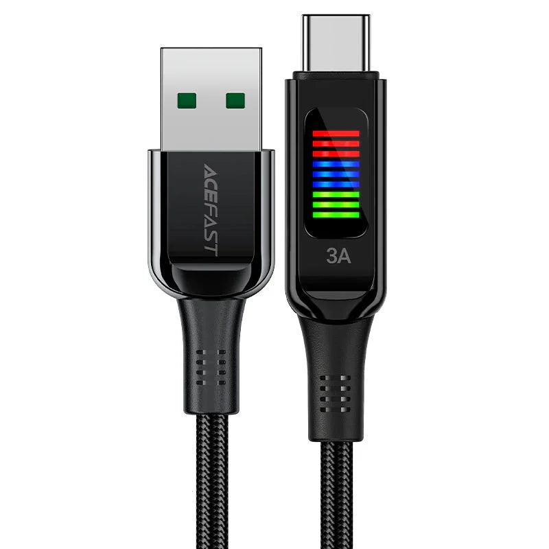 AceFast | 17955 | C7-04 | كابل شحن وبيانات من USB A إلى USB C مصنوع من سبائك الزنك مع شاشة | أسود