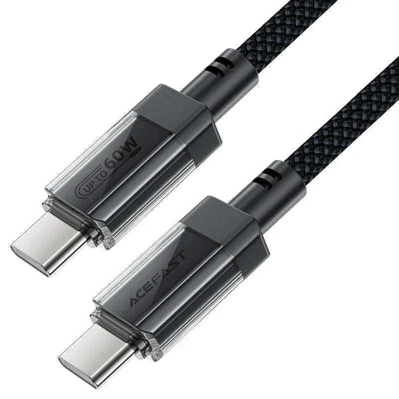 AceFast | 17945 | C12-03 | كابل شحن وبيانات من USB C إلى USB C شفاف من الفولاذ المقاوم للصدأ | أسود