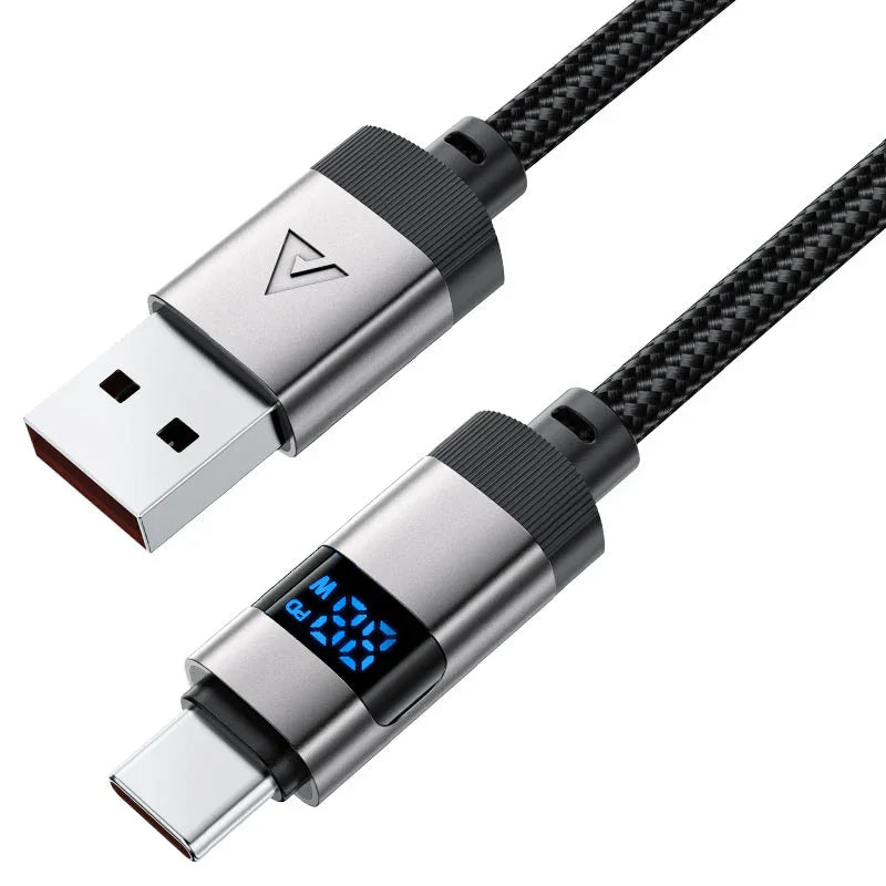 AceFast | 17957 | C15-04 | كابل شحن وبيانات مضفر من USB A إلى USB C، مصنوع من سبائك الزنك، بشاشة رقمية، أسود
