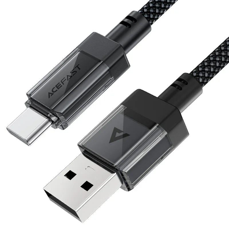 AceFast | 18477 | C12-04 | كابل شحن وبيانات من USB A إلى USB C شفاف من الفولاذ المقاوم للصدأ | أسود