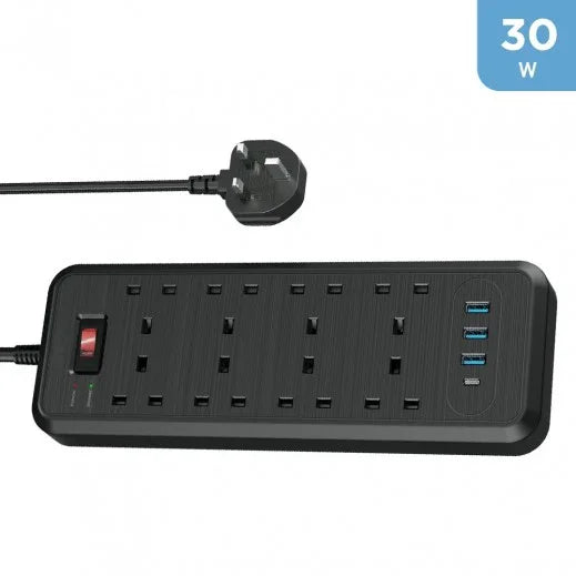 شريط الطاقة Choetech مزود بـ 8 منافذ في المملكة المتحدة و3 منافذ USB + منفذ USB C بقوة 30 وات TP-FL4U8K-C