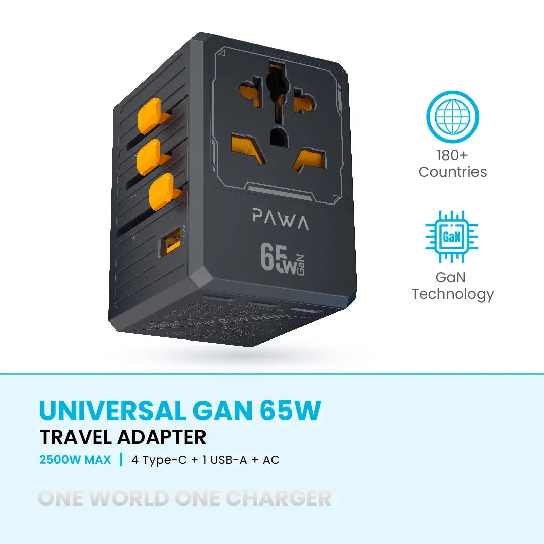 PW-TCUTA65W-BK | PAWA Universal Gan 65W Travel Adapter 2500W-4Type-C+1 Usb-A+Ac | Black
