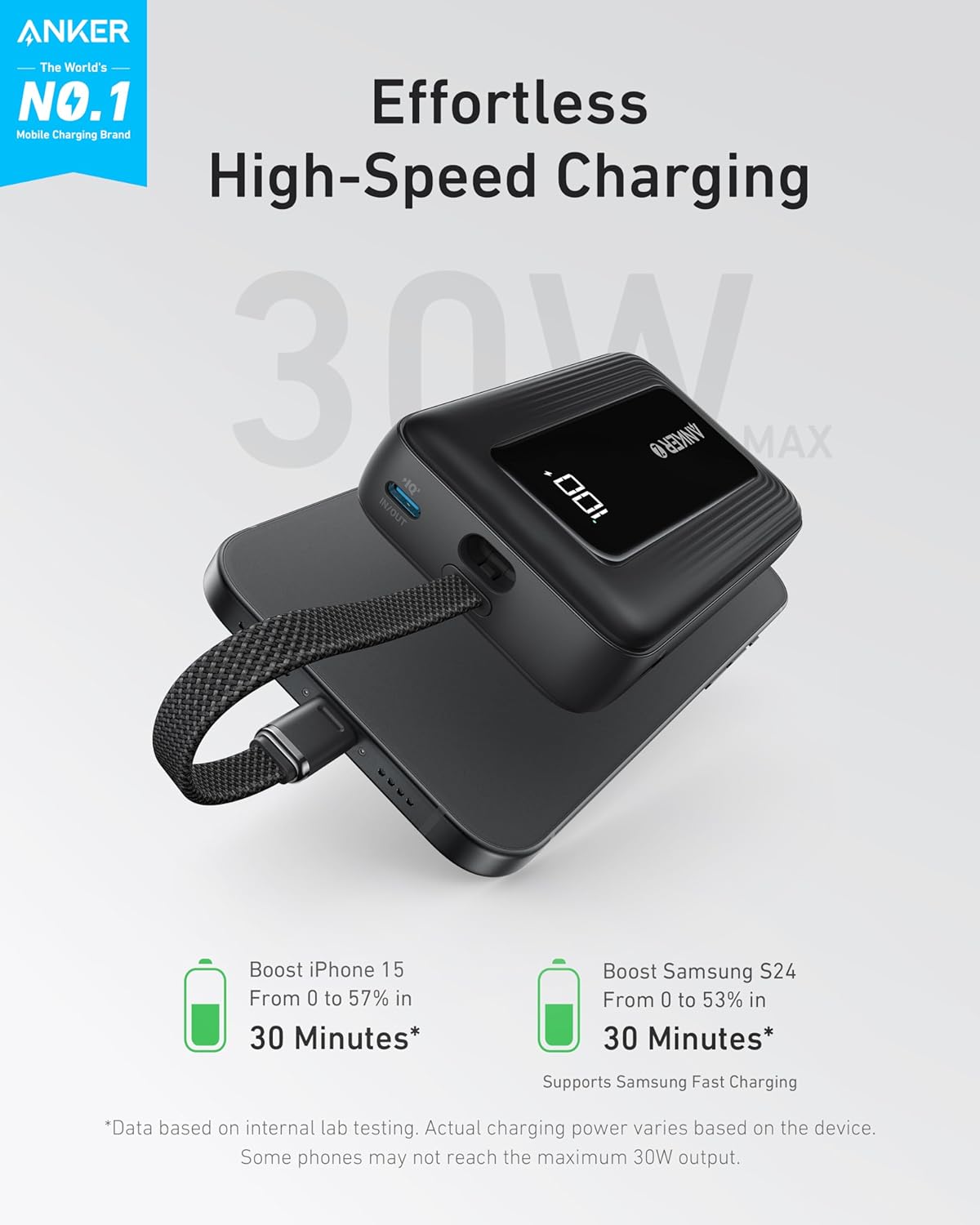 A1688H11 Anker Zolo Power Bank (10K, 30W, Built-In USB-C Cable) -Black