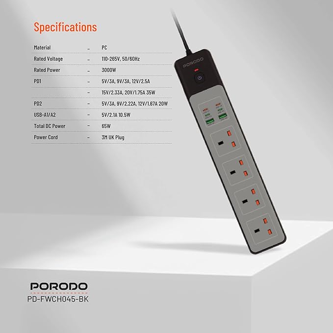PD-FWCH045 | Porodo 4AC 65W 3000W Power Strip | Black