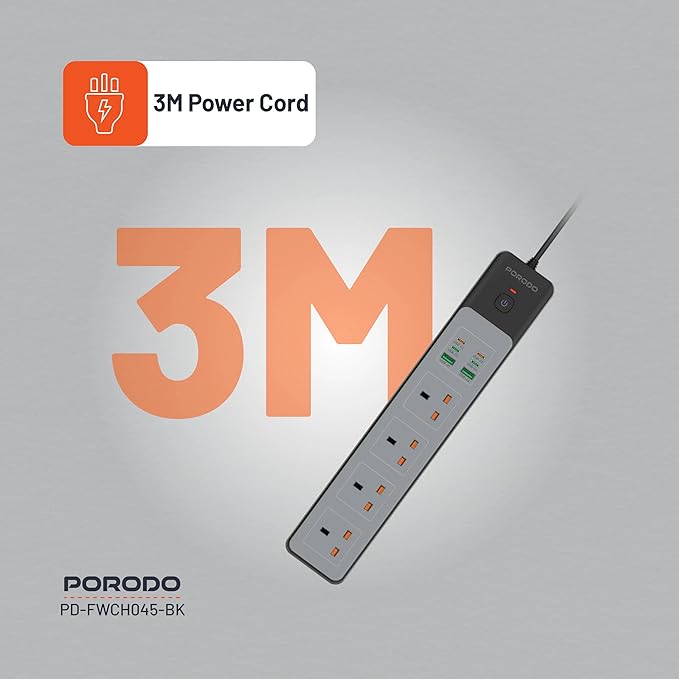 PD-FWCH045 | Porodo 4AC 65W 3000W Power Strip | Black