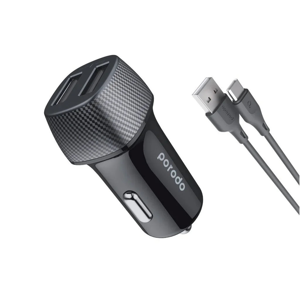 شاحن سيارة بمنفذين من بورودو بقوة 3.4 أمبير مع كابل من النوع C بطول 0.9 متر (PD-34CCV2C-BK) - أسود