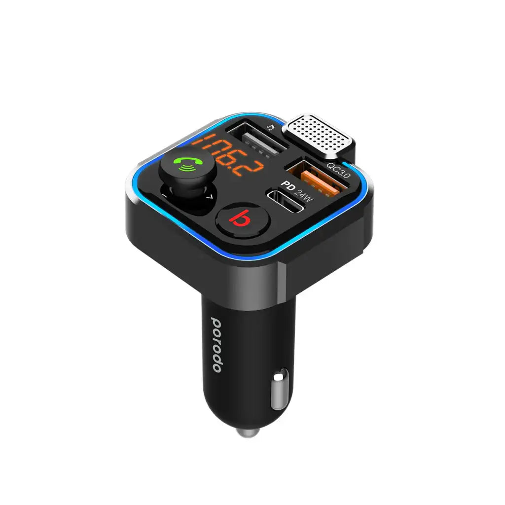 Porodo Smart Car Charger FM Transmitter with 24W PD Port & QC 3.0 - Black PD-FM42WBB-BK - - GulfStore.com