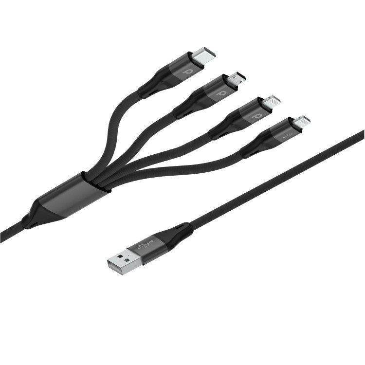 Porodo 4 in 1 Aluminum Braided Cable 1.2M 2.4A ( Lightning 2X / Micro USB / Type-C ) (PD-LLCMBR-BK) - Black