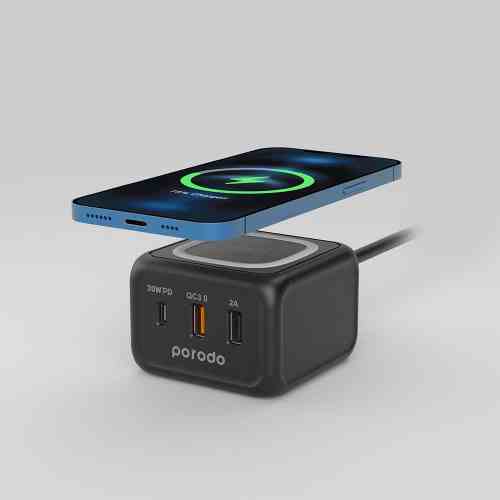 Porodo Desktop Charger with 3-Ports Fast Wireless Charger PD-FWCH005-BK - Black