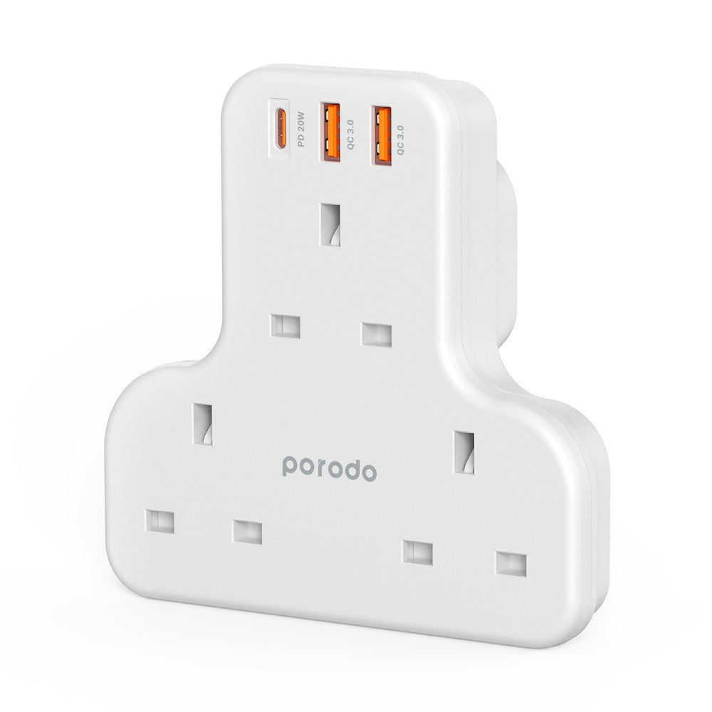Porodo Multiport Wall Adapter T-Socket 3250W UK , AC outlet and fast charging USB PD-FWCH006-WH - White