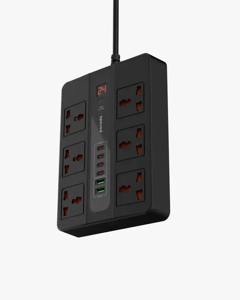 Porodo 6 AC 2 USB-A 24W & 4 USB-C PD 36W Multi-Port Super Hub 2M 3000W UK - Black - GulfStore.com
