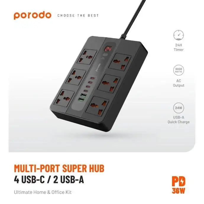 Porodo 6 AC 2 USB-A 24W & 4 USB-C PD 36W Multi-Port Super Hub 2M 3000W UK - Black - GulfStore.com