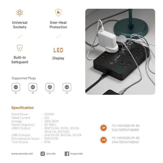Porodo 6 AC 2 USB-A 24W & 4 USB-C PD 36W Multi-Port Super Hub 2M 3000W UK - Black - GulfStore.com