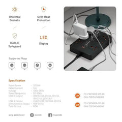 Porodo 6 AC 2 USB-A 24W & 4 USB-C PD 36W Multi-Port Super Hub 2M 3000W UK - Black - GulfStore.com