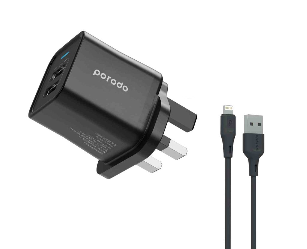 Porodo Dual USB Wall Charger 2.4A UK with PVC LIGHTNING Cable 1.2m (PD-FWCH011-C-BK) - Black