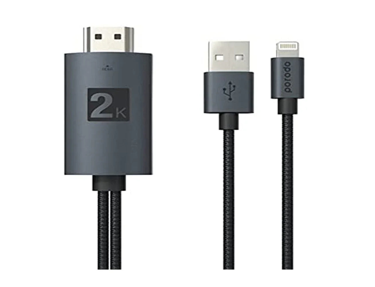 كابل HDMI Lightning مضفر من Porodo (2 متر/6.6 قدم) للاتصال عبر USB (PD-TRPBTKB-BK) - شفاف/أسود