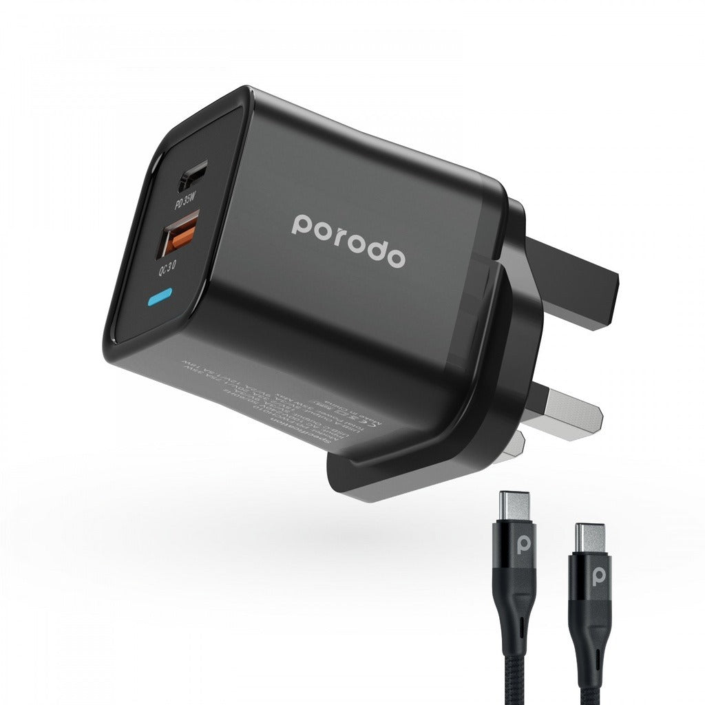 Porodo A+C 35W Wall Charger UK w/ Braided Type-C to Type-C Cable 1.2m (PD-FWCH010-C-BK) - Black