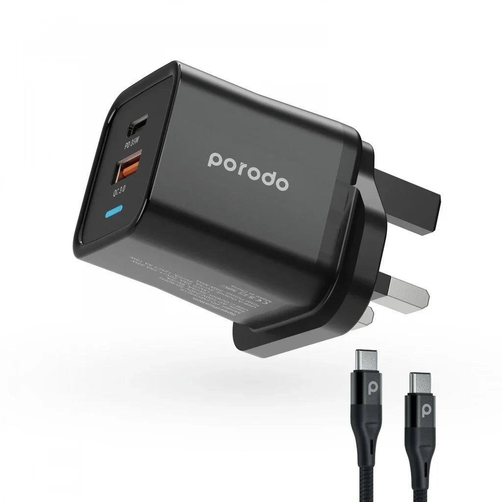 شاحن حائط Porodo A+C بقوة 35 وات في المملكة المتحدة مع كابل مضفر من النوع C إلى النوع C بطول 1.2 متر (PD-FWCH010-C-BK) - أسود