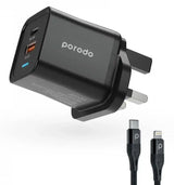 Porodo "PD-FWCH010-L-BKPorodo Dual Port PD + USB-A ( 35W+18W) Charger With Type-C To Lightning Black " - GulfStore.com