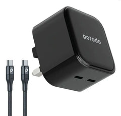 Porodo "PD-FWCH012-C-BKPorodo Super-Fast Dual USB-C Wall Charger With 1.2m Type-C To Type-C Cable " - GulfStore.com