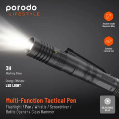 Porodo-"PD-LS91PNFLPorodo LifeStyle Outdoor 9in1 Flashlight with Holder Pen Whistle Bottle Opener and Safety Hammer Black/Grey " - GulfStore.com
