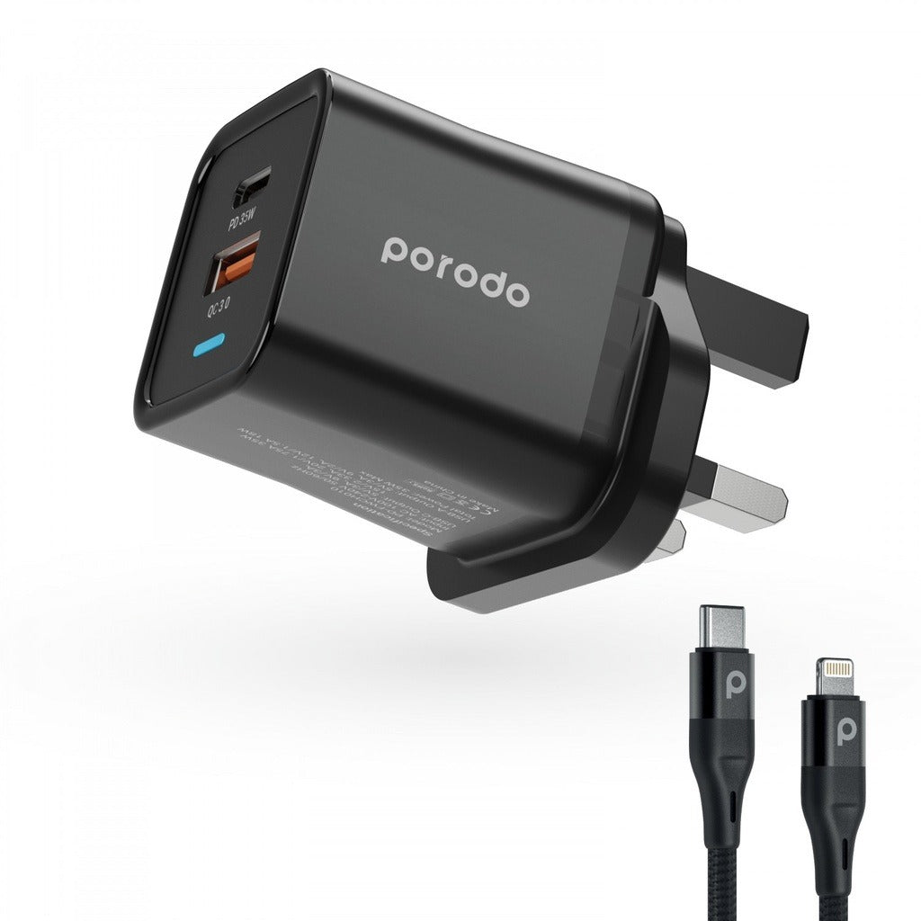 شاحن Porodo ثنائي المنفذ PD + USB-A (35 واط + 18 واط) مع Type-C إلى Lightning - أسود