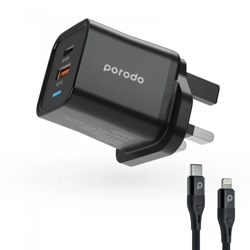 Porodo Dual Port PD + USB-A (35W+18W) Charger with Type-C To Lightning - Black - GulfStore.com