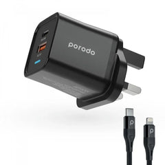 Porodo Dual Port PD + USB-A (35W+18W) Charger with Type-C To Lightning - Black - GulfStore.com