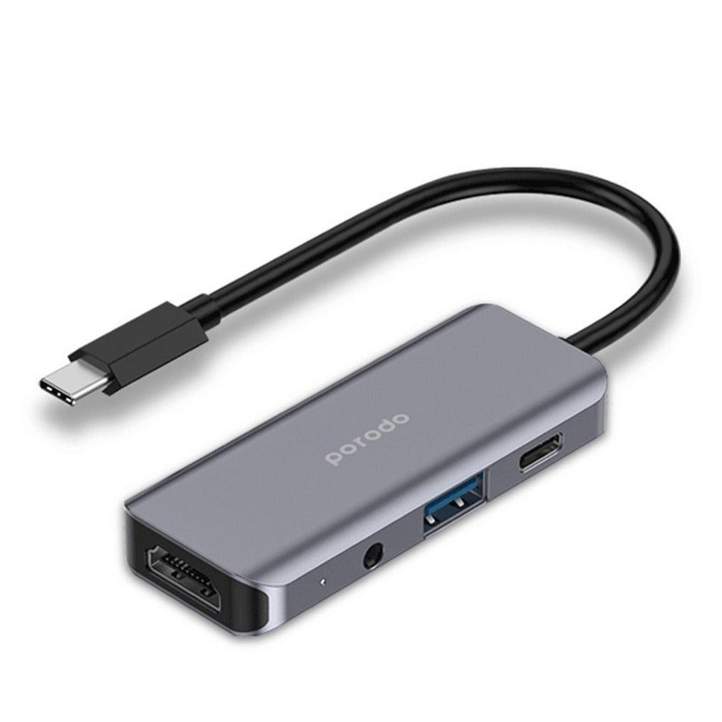 موزع USB-C 4 في 1 من Porodo، Type-C PD، 100 وات، HDMI، USB 3.5 مم، Aux - رمادي